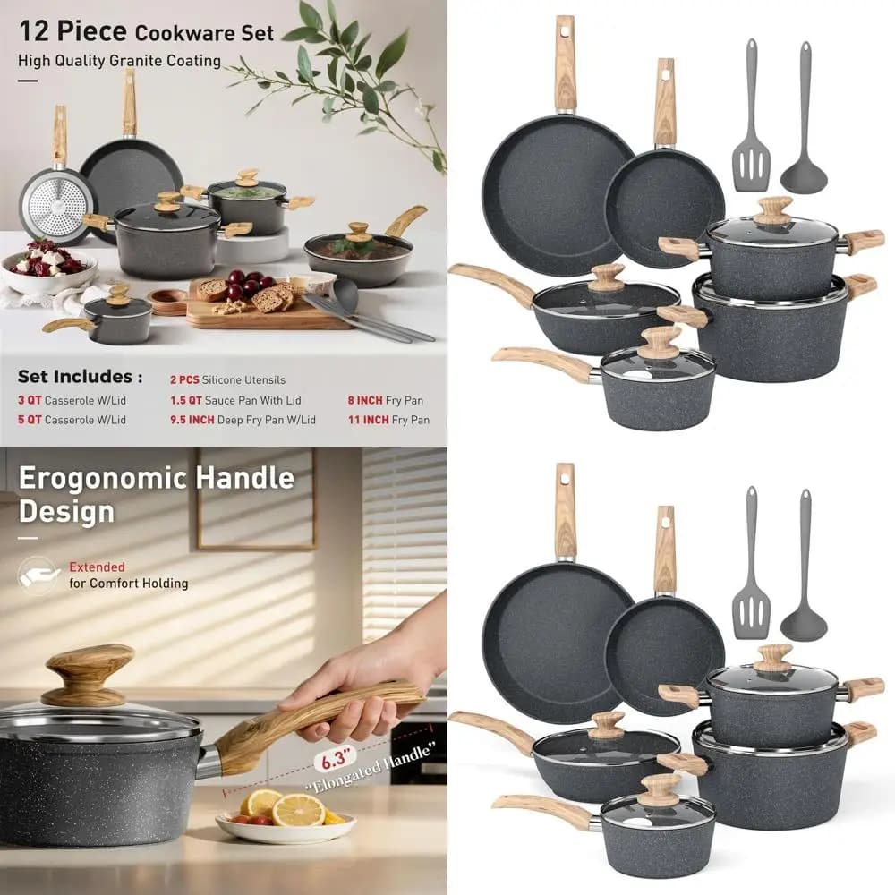 Set of 12-piece granite non-stick pans with pans, grey