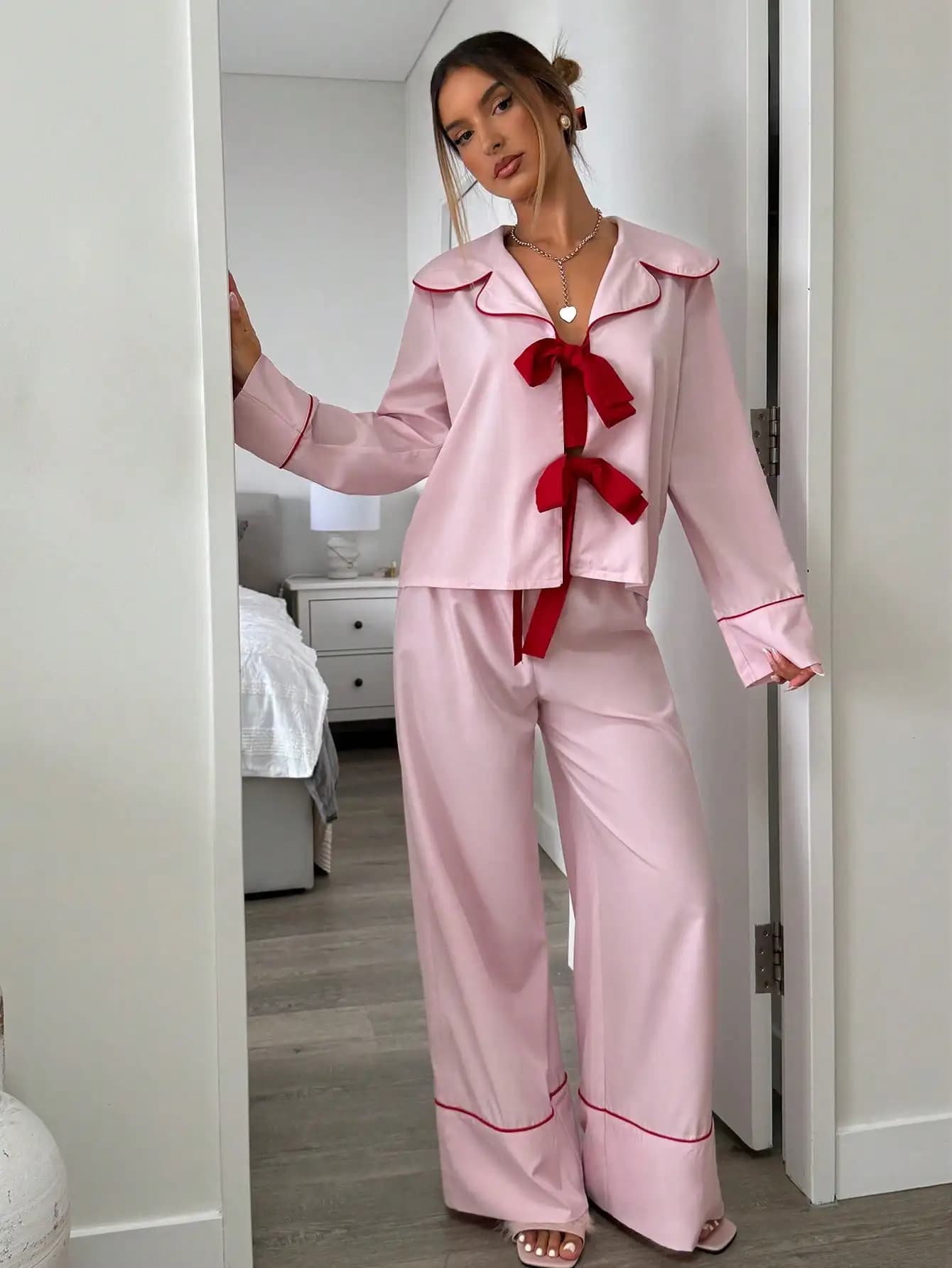 Pink Women's Pajama Set with Red Bowknot Collar & Contrast Trim, Long Sleeve Top & Wide Leg Pants for Home Lounge