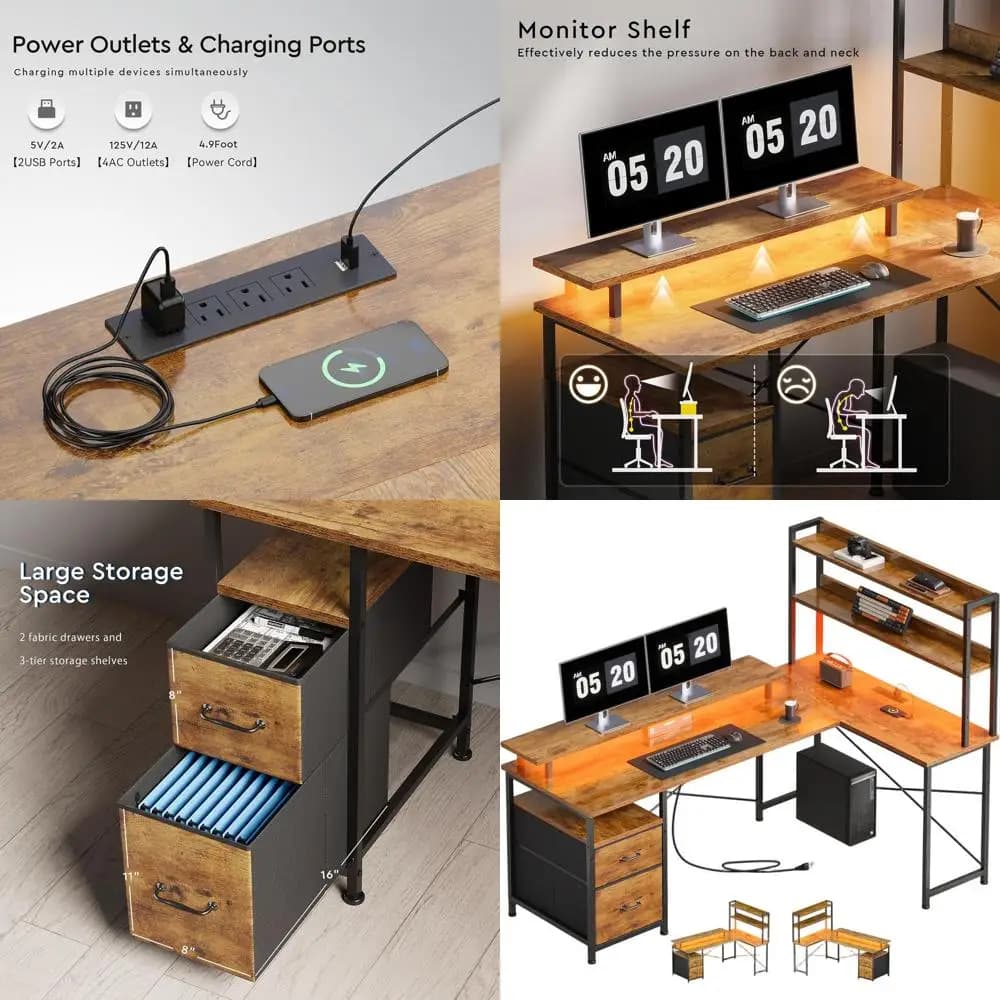 Scrivania per Computer Reversibile con Illuminazione LED, Stazione di Ricarica e Supporto Monitor, a Forma di L, Marrone