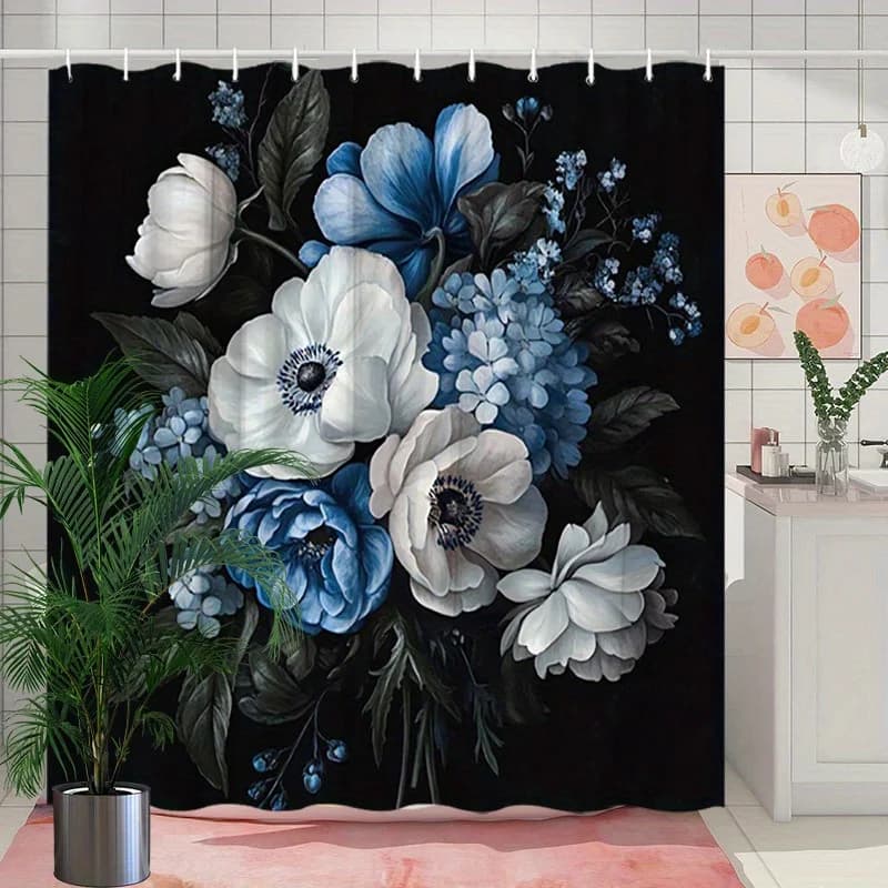 Tenda da doccia con ortensia anemone iperistica da 1 pezzo - Fiori bianchi blu crema, sfondo nero, poliestere