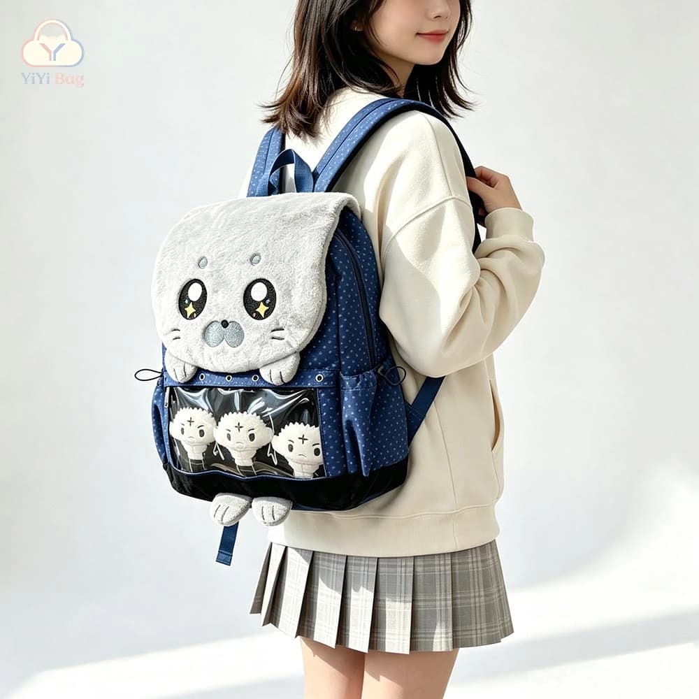 Cute Cartoon Plush Seal Ita Backpack Polka‑Dot Blue Clear Window Doll Badge Display Backpack Otaku Collectible Bag For Schoolbag