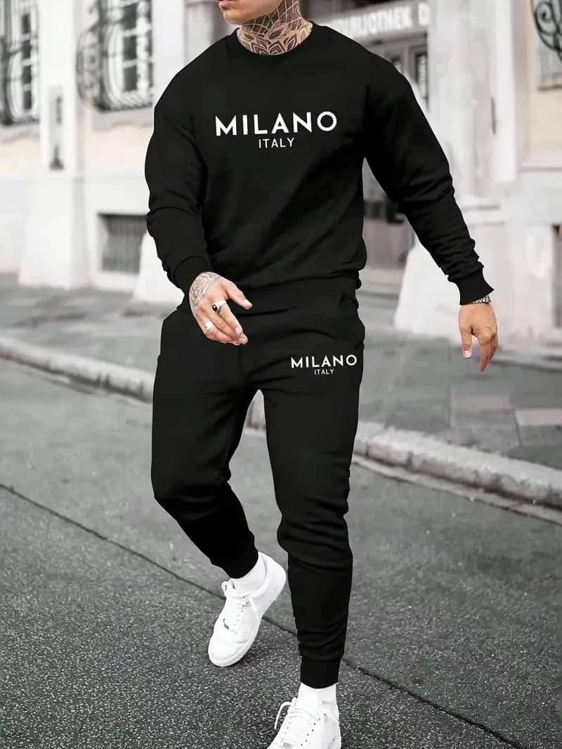 2026 Men Printed sportswear set men's version Hooded one-piece sports shirt, long pants set Men's sportswear two-piece set