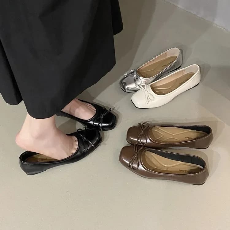 Women Bow Square Toe Soft Sole Single Shoes Comfort Slip on Soft Sole Flats Shoes Ladies Silver Round Toe Ballet Dress Loafers