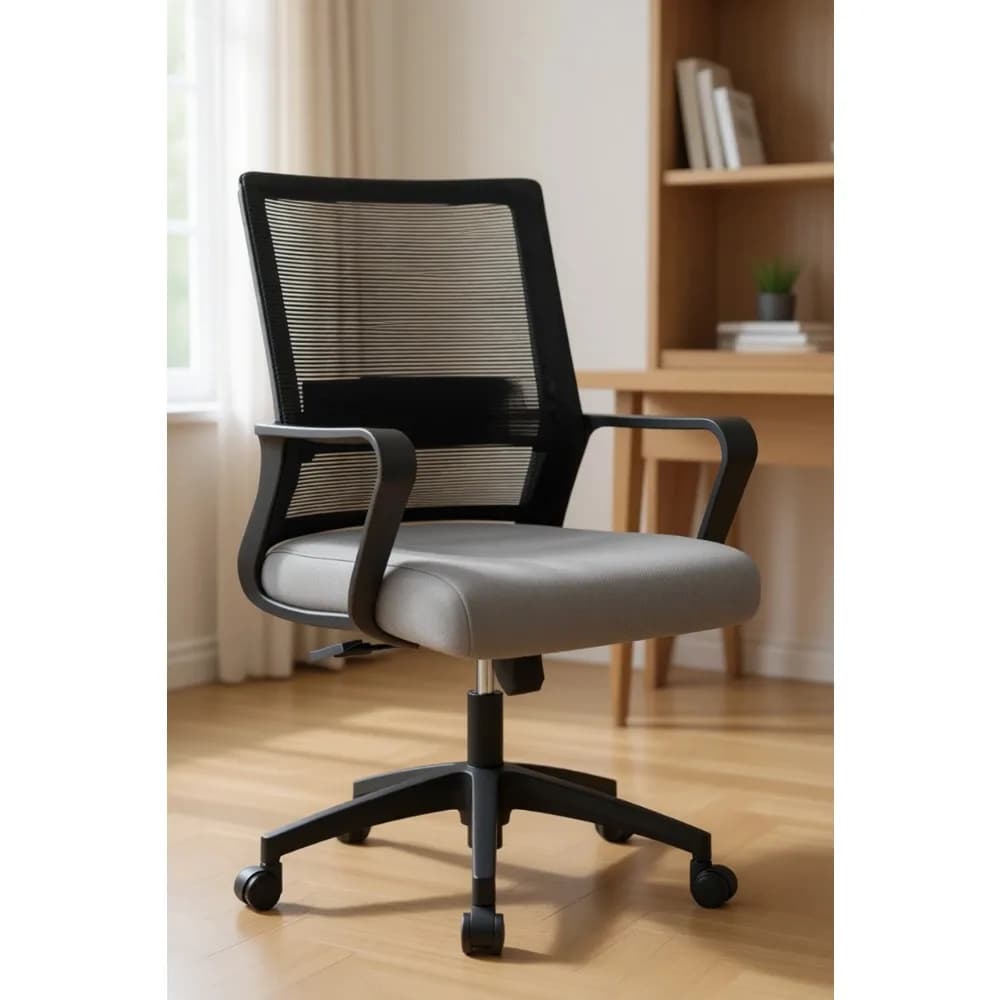 Sedia da Ufficio Ergonomica in Rete con Schienale Medio, Girevole e Regolabile, con Supporto Lombare e Ruote, Comoda per Casa, Nera