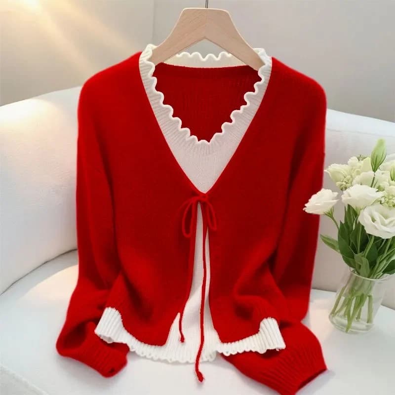 2025 Autunno Nuovo maglione versatile falso con due top lavorato a maglia pigro e alla moda alla moda