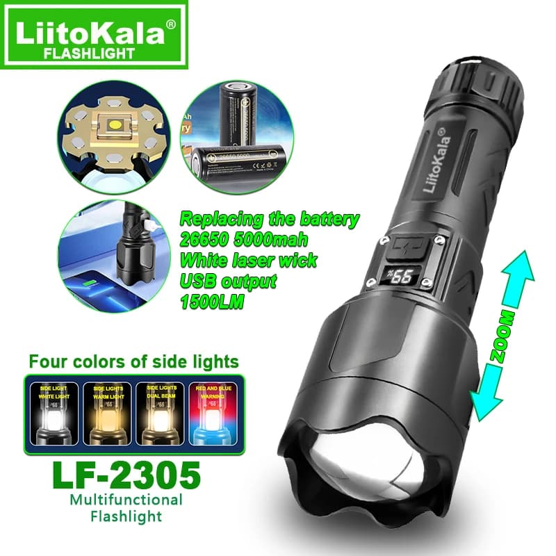 LiitoKala LF-2305 Portable Digital Flashlight White Laser High Brightness Waterproof Long Lasting Battery Outdoor Camping Emerge
