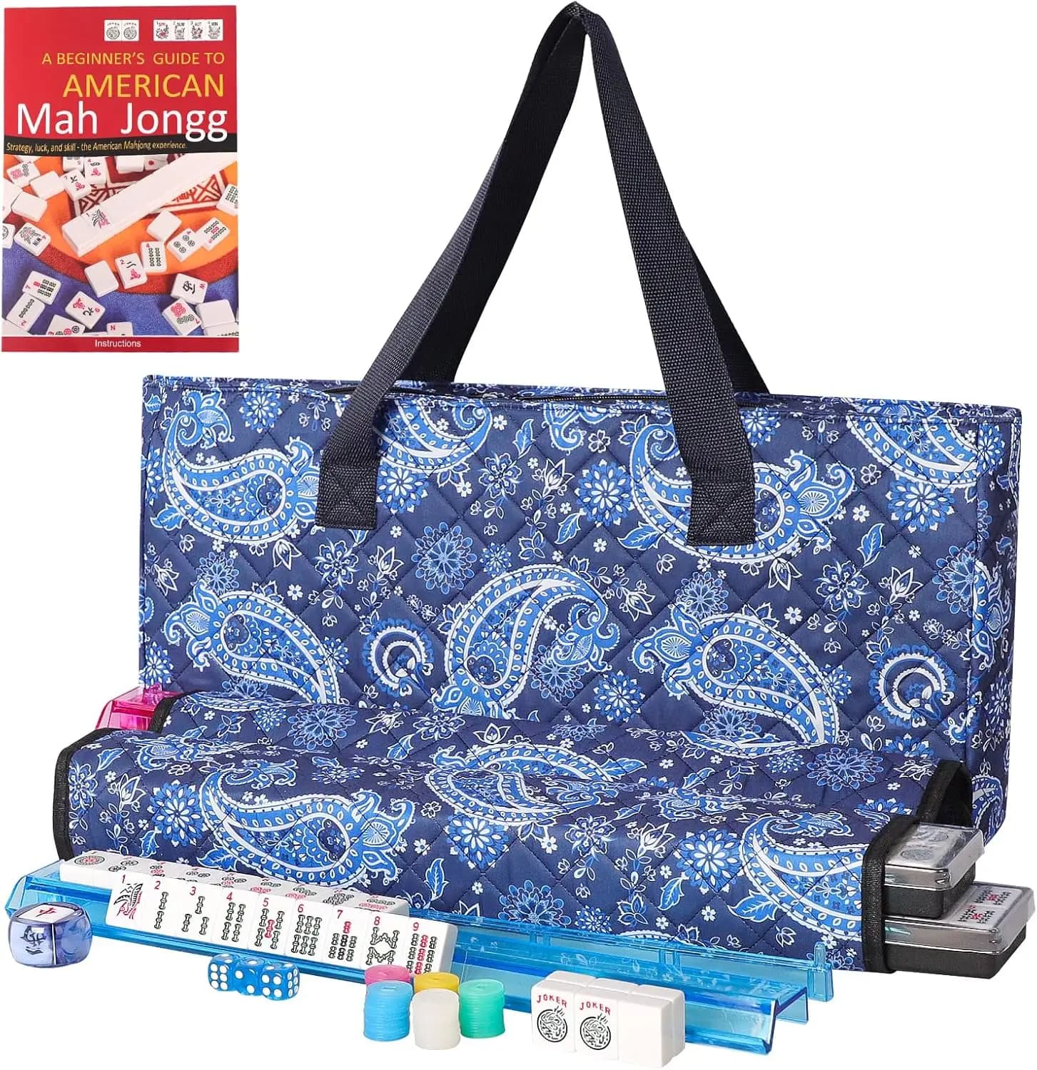 Set da gioco Mahjong americano, 166 tessere bianche, borsa blu stampata, 4 supporti/spingitori, accessori completi