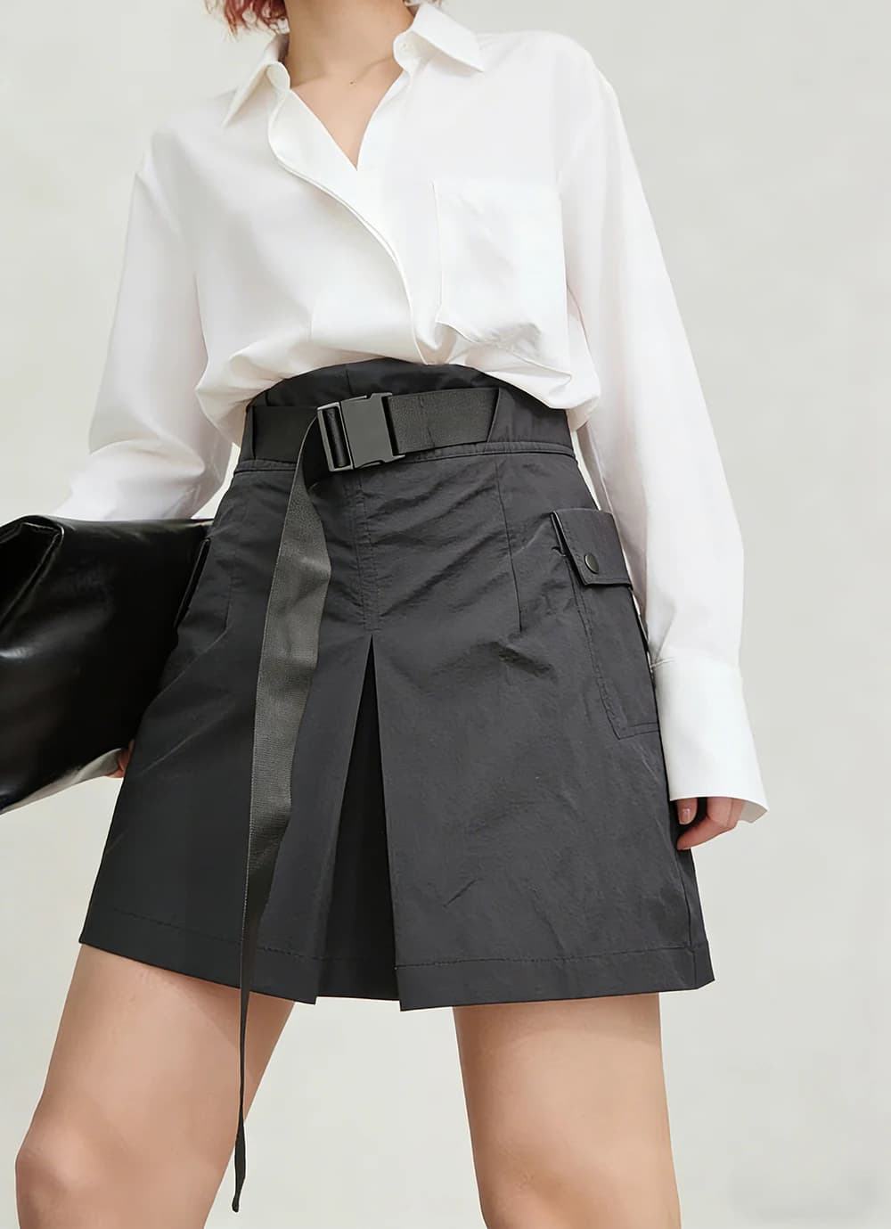 Women's High Waist Short Trapeze skirt with side pockets with adjustable belt and split hem - Women's casual casual dress with black office