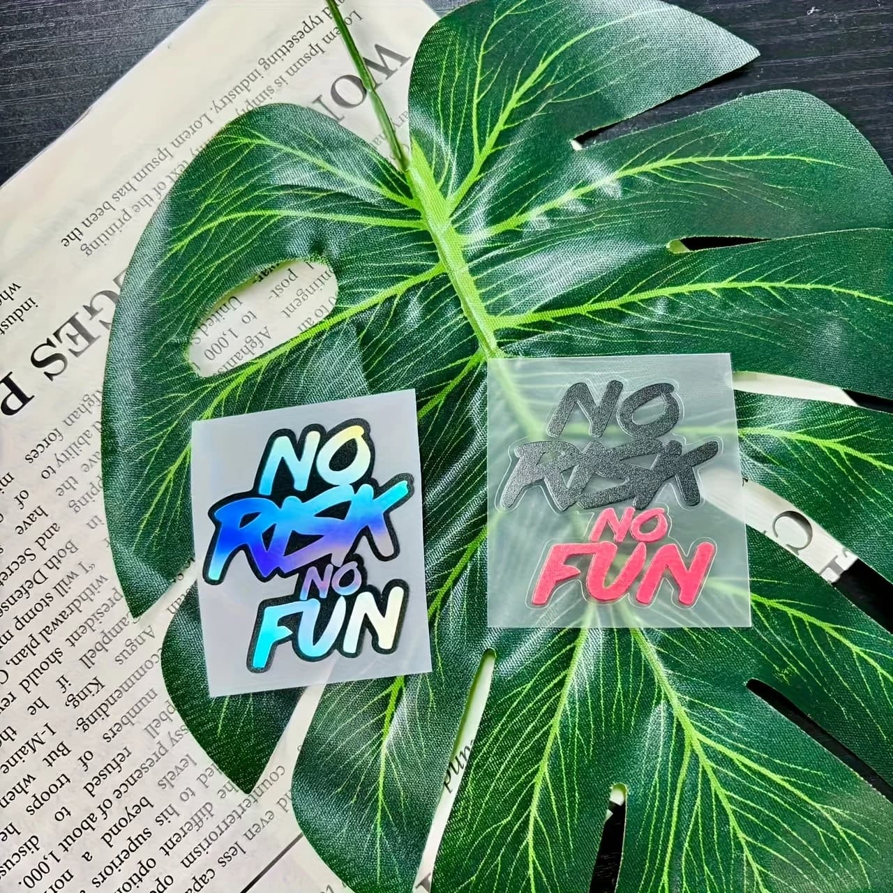 Set di 2 Adesivi in Vinile Impermeabili "No Risk No Fun" per Casco Moto, Serbatoio, Scooter e Bici