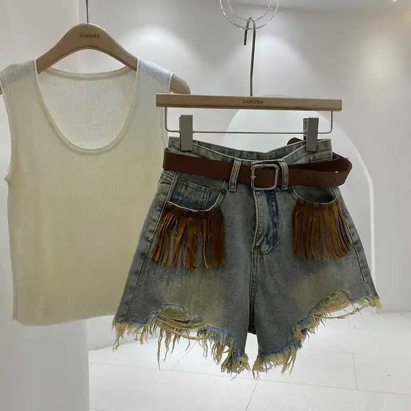 American Style Spicy Girl Frayed Hem Hole Denim Jeans Women Summer New Retro Slim Wide Leg Short Pants High Waist Shorts