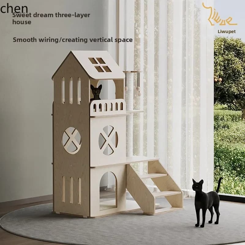DSAwooden three-layer cat climbing frame cat nest plays and sleeps as a whole, and the household does not occupy a cute layer.
