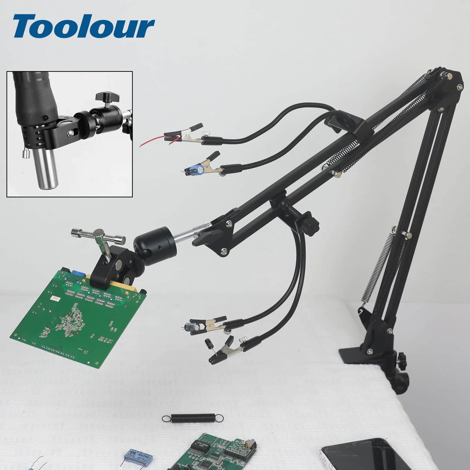 Toolour Mani ausiliarie per saldatura regolabili, terza mano, telaio per pistola termica, supporto per PCB, mani ausiliarie per saldatura, assistente dissaldante