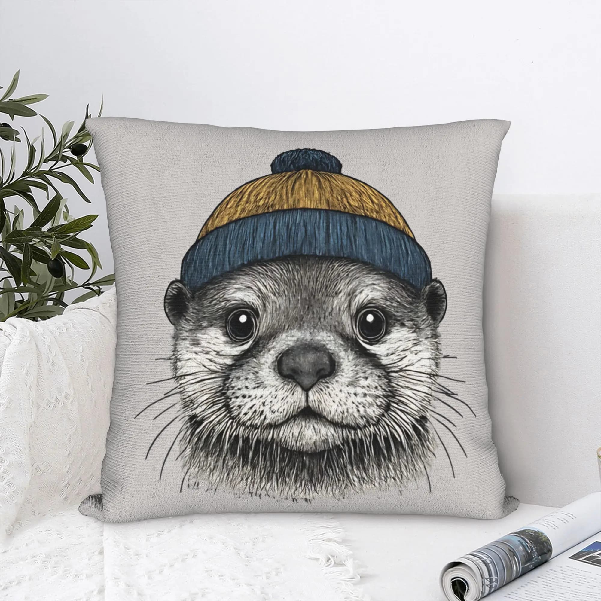 Stylish Otter in Beanie Hat Square Pillow Case Polyester Decorative Pillow Fashion Pillowcase