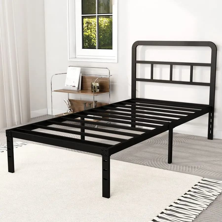 Single bed base with platform and headboard, 14 inch, does not require mesh, base for durable steel mattress, easy to mount