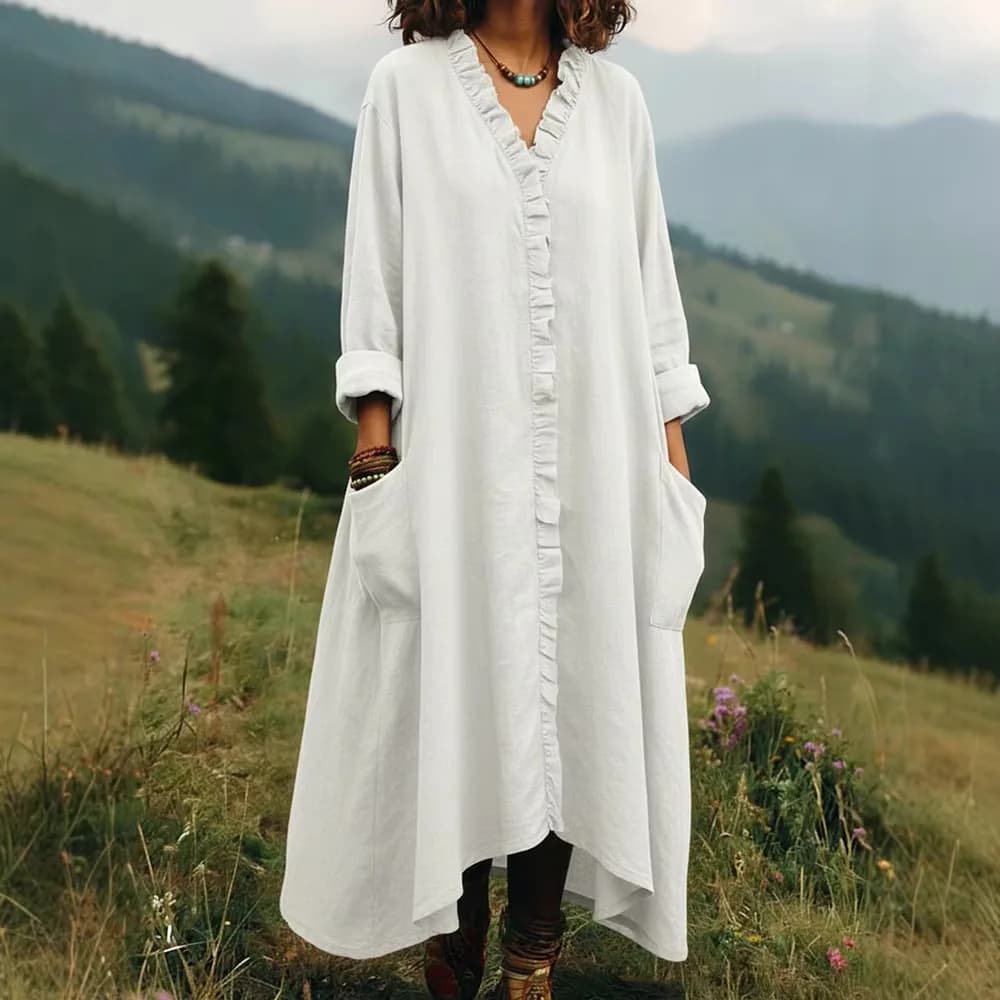 Abito Lungo in Cotone e Lino con Orlo Arricciato, Stile Primavera-Estate, alla Moda, per Commercio Estero Transfrontaliero, Collezione 2026