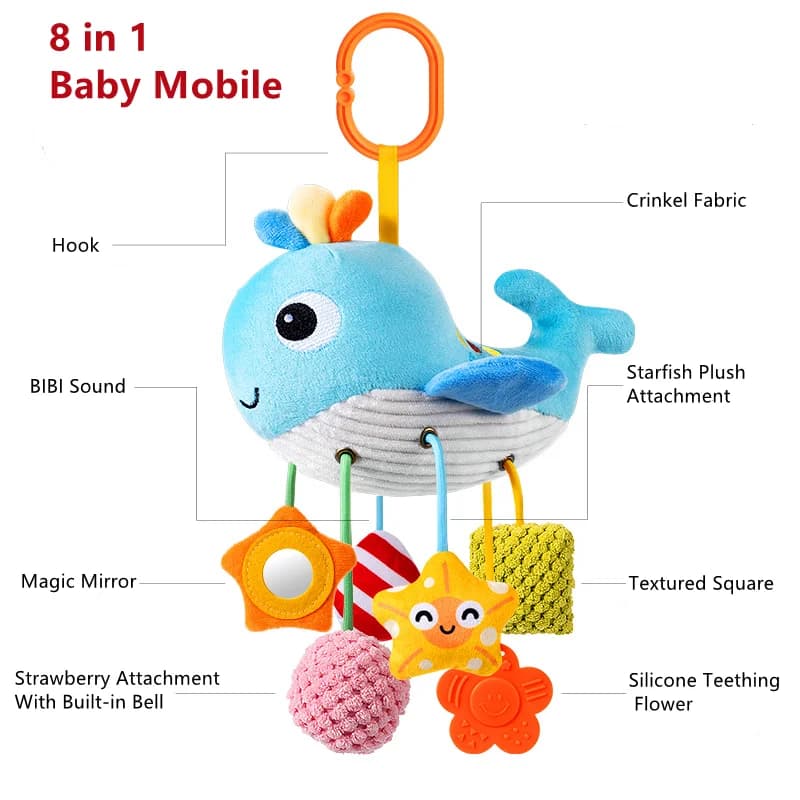 Mobile per culla con campanello incorporato Crinkel Tessuto testurizzato Massaggiagengive in silicone Specchio magico Giocattoli educativi per passeggino