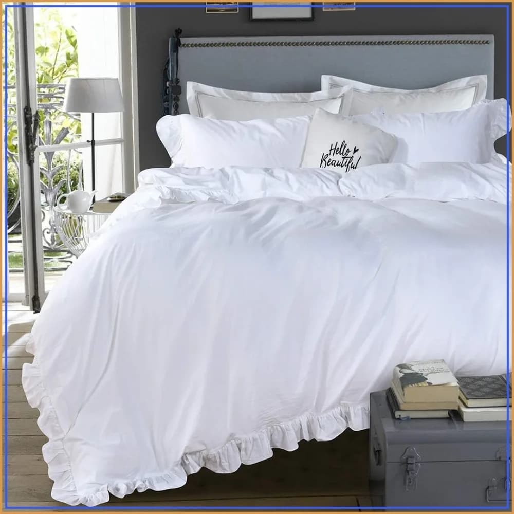 White Ruffle Duvet Cover Queen Washed Cotton Farmhouse Shabby Boho Chic Bedding Set 3 Pieces Vintage French Country Extra Soft Breathable