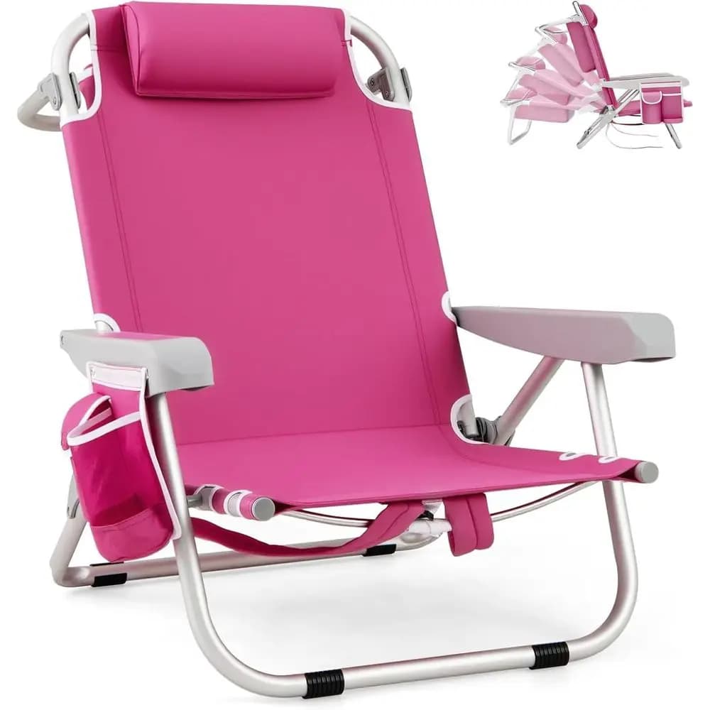 Sedia da Spiaggia Portatile con 5 Posizioni, Portabicchieri, Tasche Portaoggetti, Cinghie, Portasciugamani, Cuscino - Rosa
