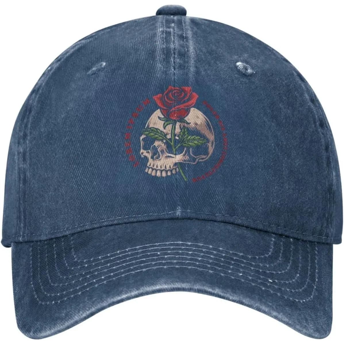 Cappellino da Baseball in Denim Lavato con Teschio e Rosa, Vintage, Regolabile, in Cotone, per Esterni, Casual, Protezione Solare