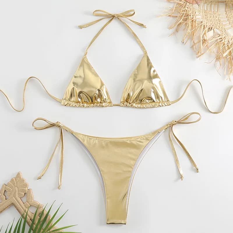 Mini Sexy Golden Bikini with Details Silver Push-Up Women's, Brazilian Bath Costume for Holiday 2026, with Side Laces and Triangle Top