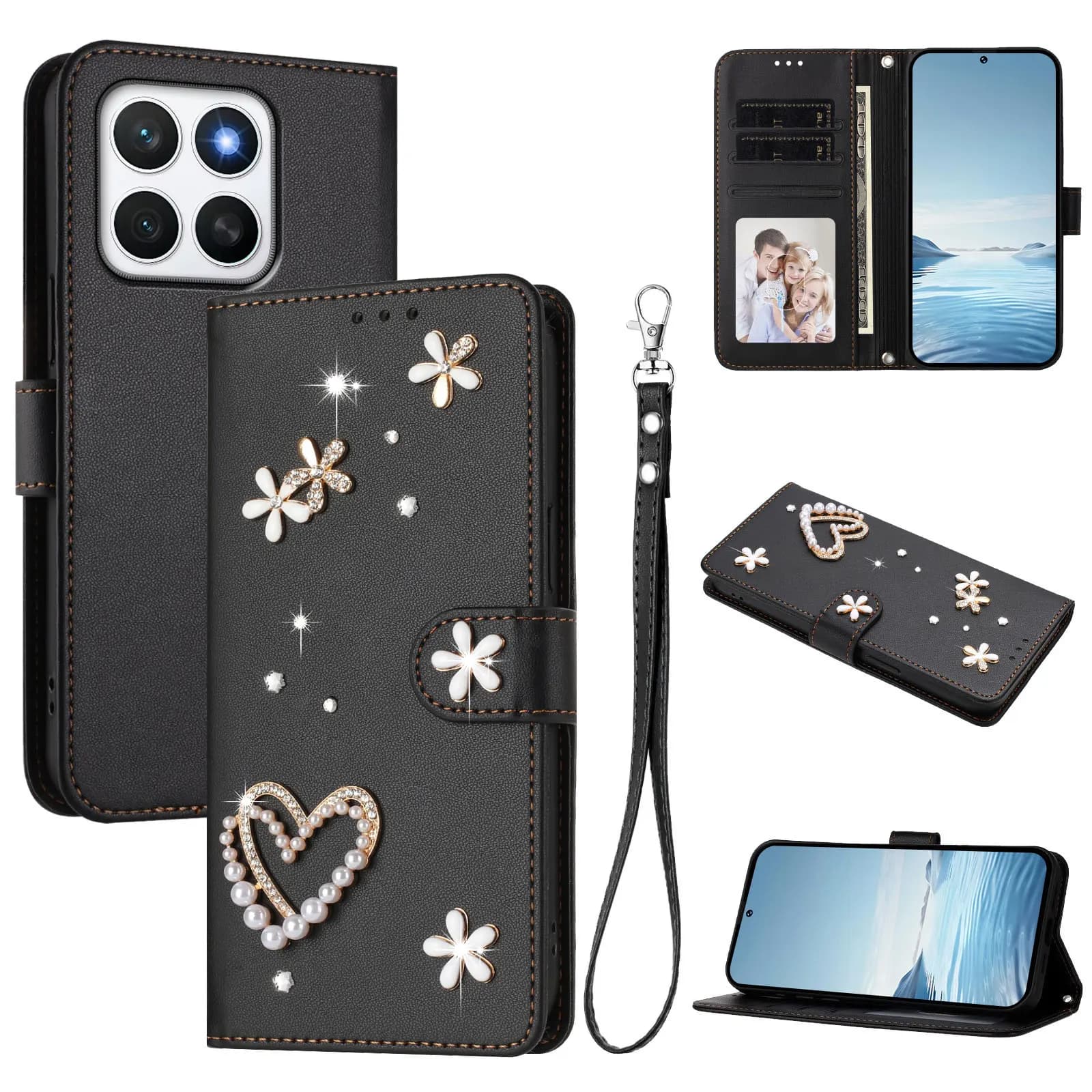 Glitter Jewelled Lanyard Leather Phone Case For Samsung Galaxy Buddy 5 3 Wide 7 A Quantum 6 4 Jean 2 Jump Wirst 3 Cards Cover