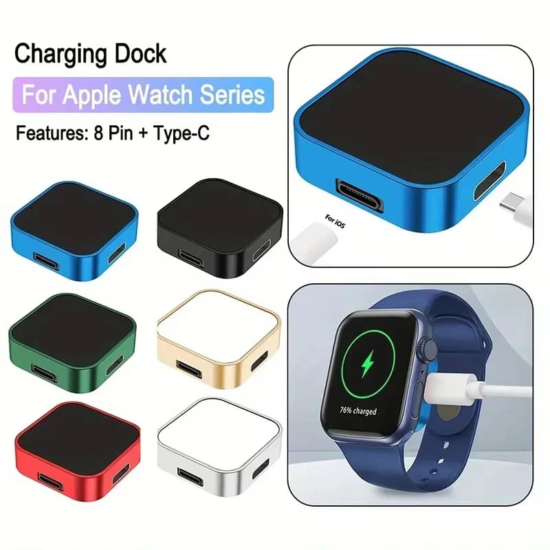 Caricabatterie Wireless Portatile con Interfacce Type C e 8pin per Apple Watch 9 8 7 6 5 4 3 2 1 Ultra Series, Dock di Ricarica Rapida