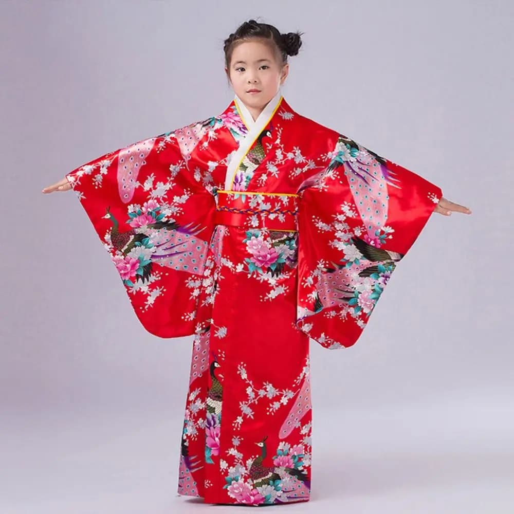 Bathrobe Gown Children Japanese Kimono Cherry Blossom Pattern Japan Style Cosplay Costume with Obi Vintage Haori Halloween