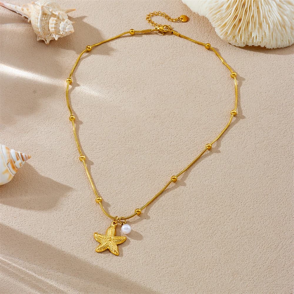 LAMENGLY Collana con ciondolo stella marina perla stile spiaggia in acciaio inossidabile 316L da donna Glamour gioielli con catena clavicola animale marino
