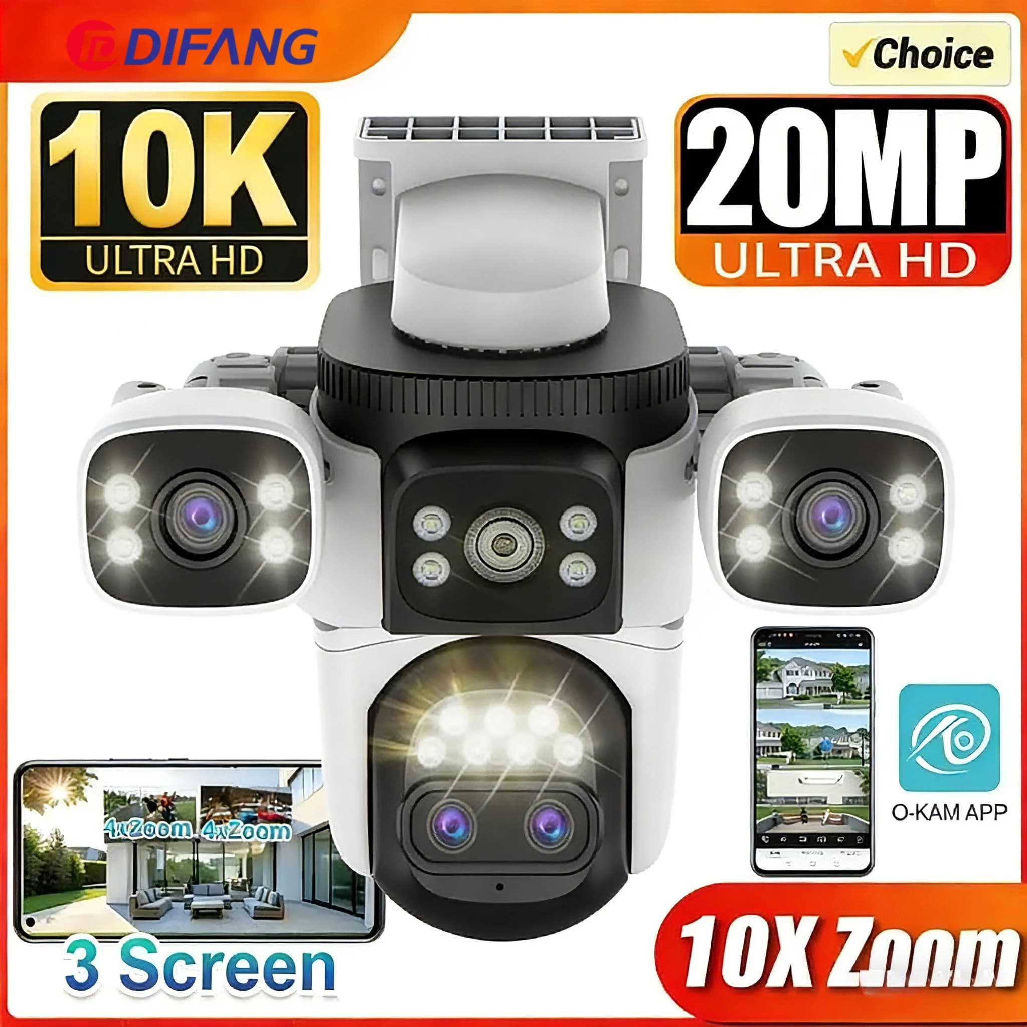 Telecamera di Sicurezza WiFi 10K per Esterni con Tre Schermi, 20MP CCTV, Zoom 10X, Videocamera di Sorveglianza 8K 15MP, Telecamera IP Esterna
