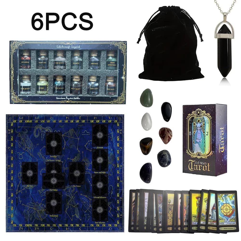 Set di carte dei tarocchi 78 carte 12 navi di cristallo 7 pietre dei chakra 1 tovaglia dei tarocchi 1 accessorio pendente 1 custodia per divinazione