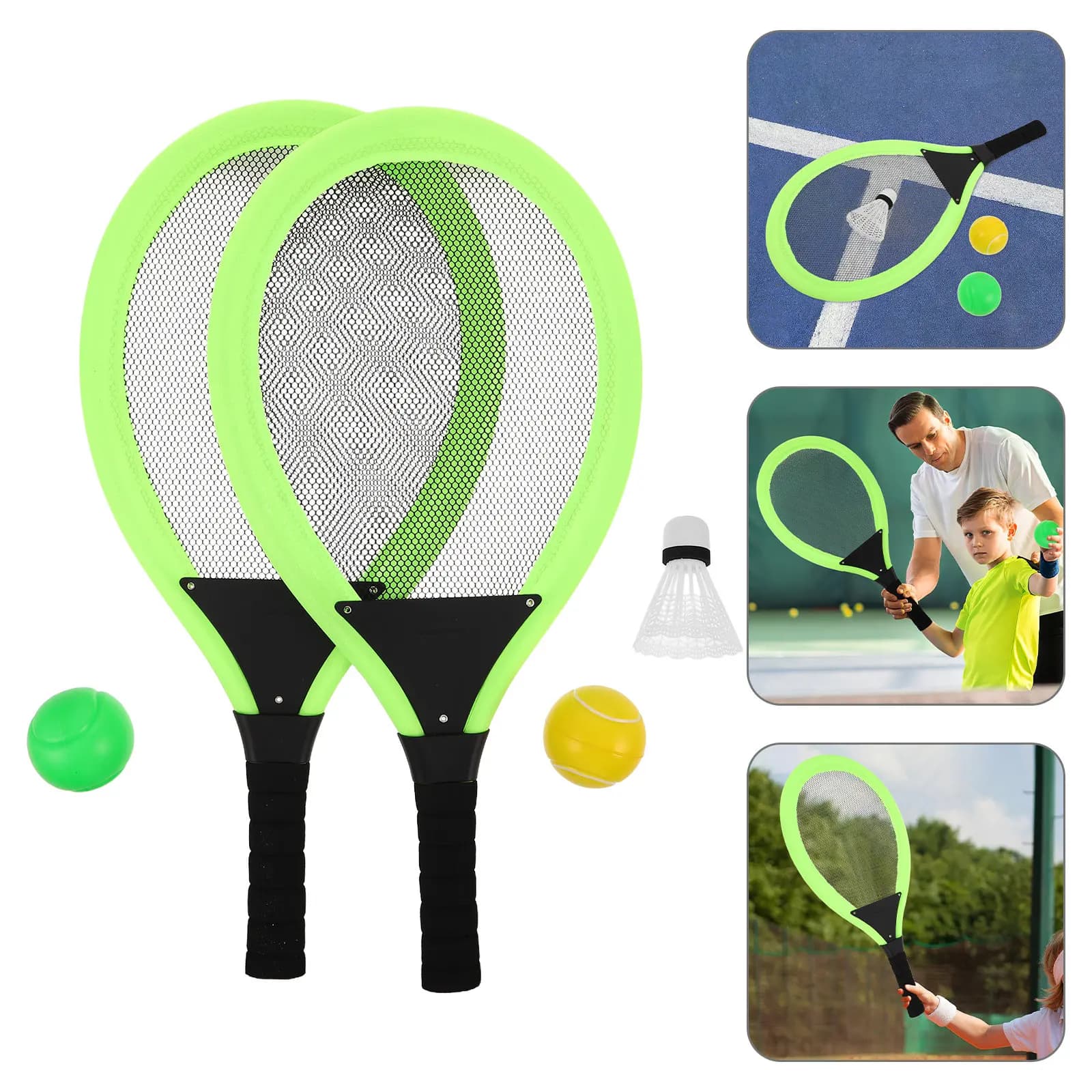 Set di 2 Racchette da Tennis per Bambini, Attrezzatura Sportiva Verde in Plastica per Allenamento Principianti, Gioco con Racchetta Tascabile