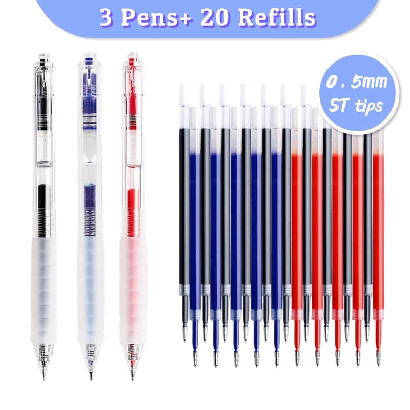 3 penne 20 ricariche Penne gel retrattili Set Punta ST da 0,5 mm Asciugatura rapida Nero Rosso Blu Impugnatura morbida Design trasparente Scrittura fluida