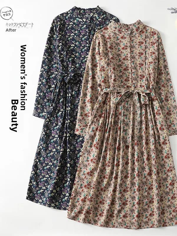 Elegant Floral Print A-Line Dress Women's Waist-Cinching Belted Midi Skirt Spring Season Long Sleeve Stand Collar Chinese Brand