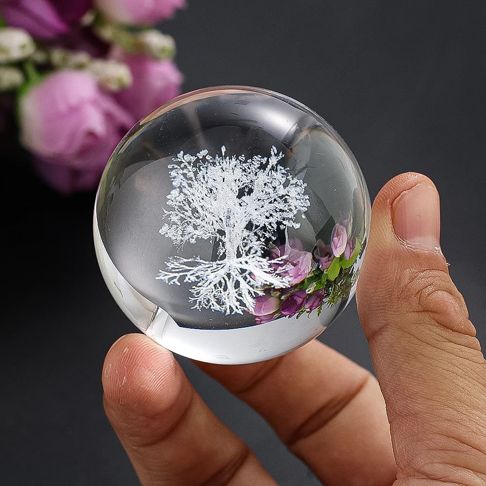 50mm Tree of Life 3D Crystal Ball Engraved Laser Clips Yoga Meditation Healing Glass Ball Globo Decorations for the house Figurine
