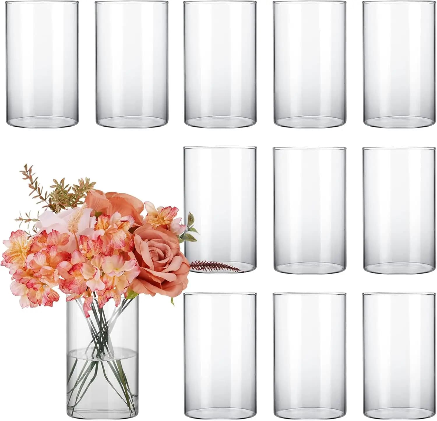 Set of 12 Cilindrical Glass Vases for Centerpiece, Wedding Decorations, High 6 Table and shelf, Home Furniture