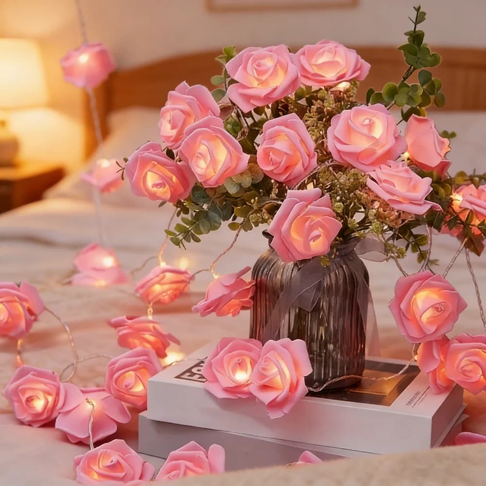 Luci a Batteria con 20 LED a Forma di Rosa, Ghirlanda Luminosa per Matrimoni, Feste, Festa della Mamma, Decorazione Casa e Camera da Letto