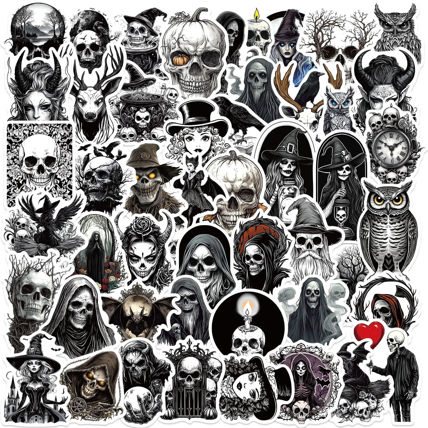 50Pcs Black And White Horror Skull Stickers Gothic DIY Stickers Scrapbooking Phone Luggage Skateboard Waterproof Graffiti Decals
