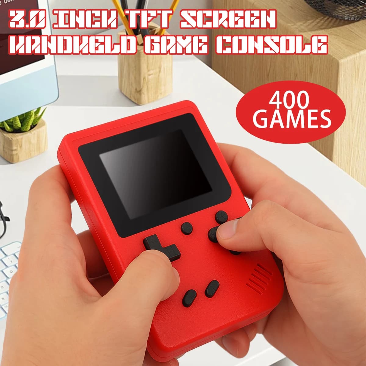 Una piccola console di gioco portatile per bambini con giochi classici retrò rossi con 400 giochi di ricarica può essere collegata alla TV