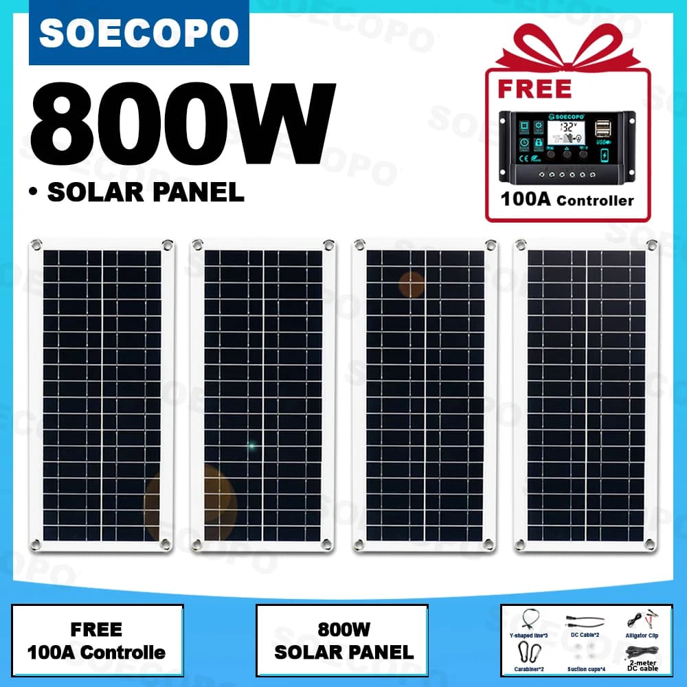 Kit Pannello Solare SOECOPO 800W 4pz Sistema Celle Fotovoltaiche con Regolatore Gratuito 100A Caricabatterie Portatile 12V per Auto Camper Barca