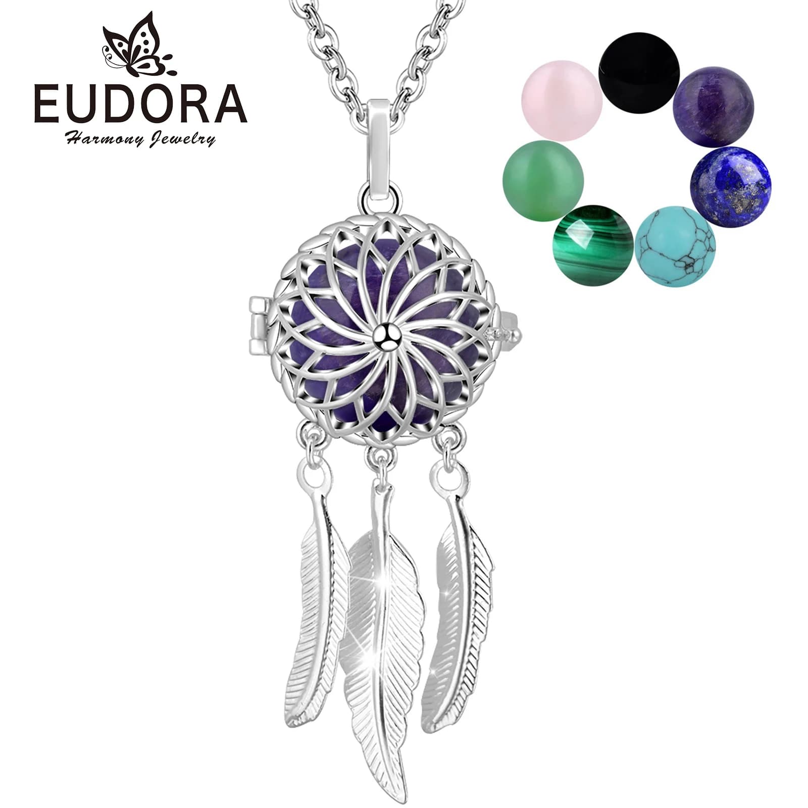 Eudora DreamCatcher Cage Necklace Amethyst Healing Crystal Stone Lapis Pendant Spiritual DIY Jewelry Obsidian Gift for Women