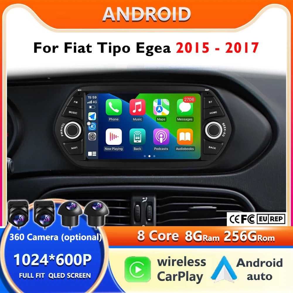 Per Fiat TIPO EGEA 2015 - 2017 Autoradio Android 16 con GPS, Navigazione, Lettore Multimediale Video, 4G, 2 Din, Sistema Intelligente DSP