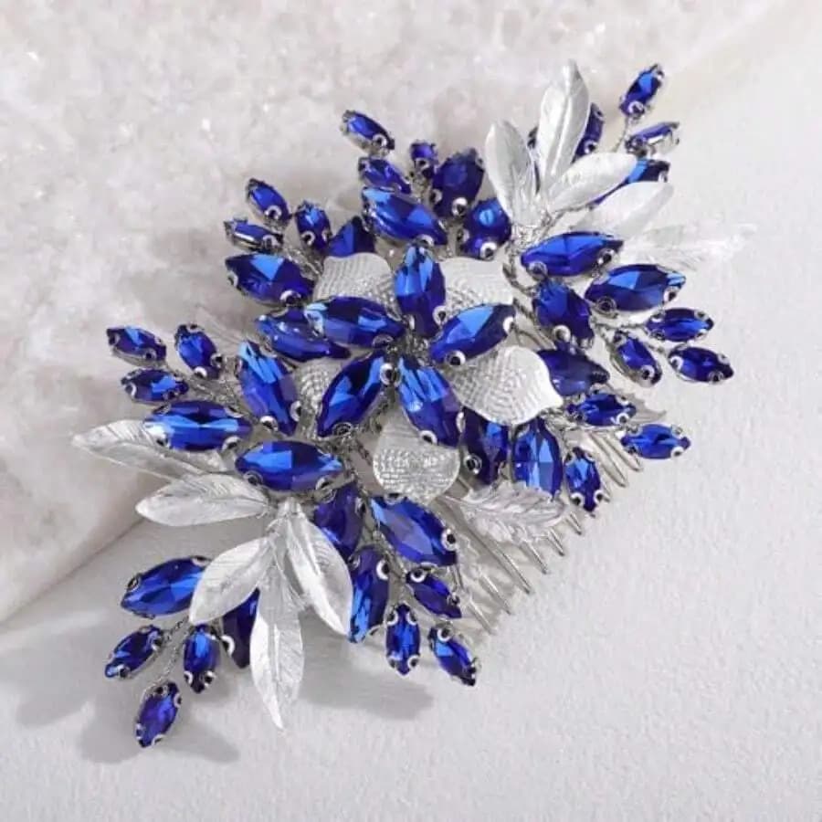 Pettine per capelli con fiore di cristallo blu per donne, accessorio per capelli da sposa per matrimoni e feste