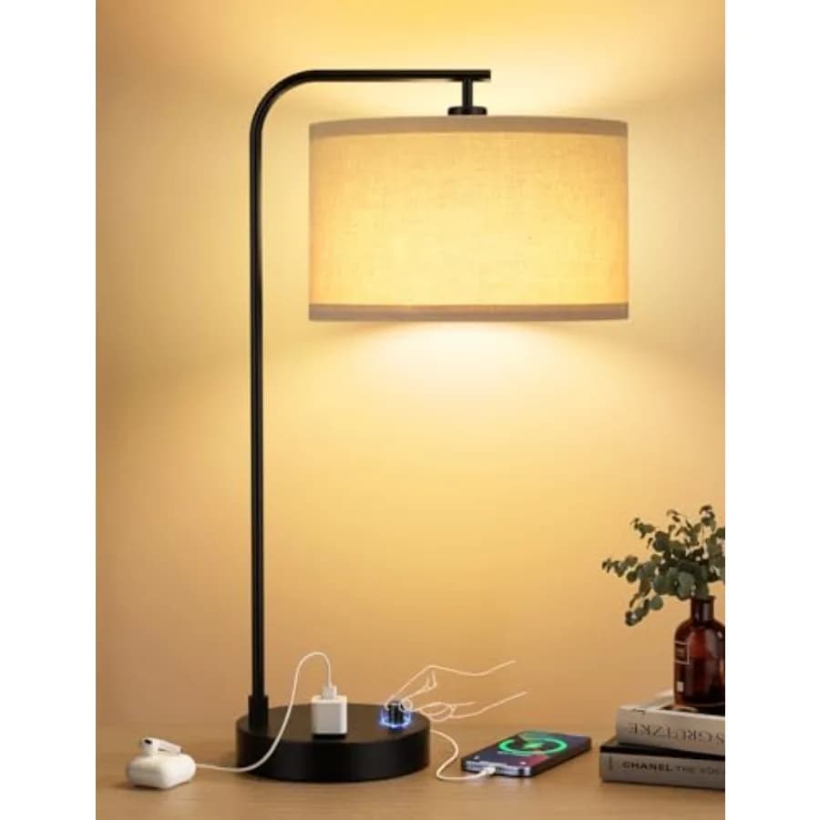 Lampada da Tavolo Alta con Porta USB e Presa di Corrente, Lampada da Comodino Dimmerabile con Paralume in Lino, Lampada da Scrivania per Camera da Letto, Soggiorno