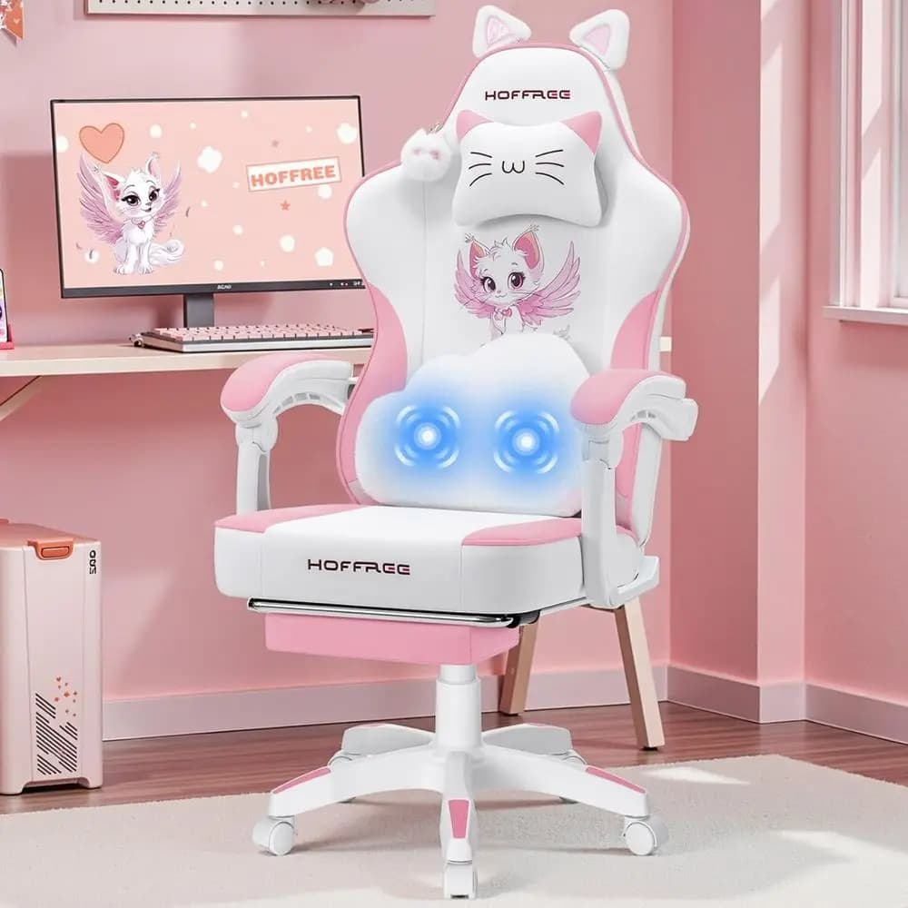Ergonomic Pink Gaming Chair with Cat Ears, Cloud Massage Lumbar Support for Comfortable Reclining, Ideal for Girls and Adults