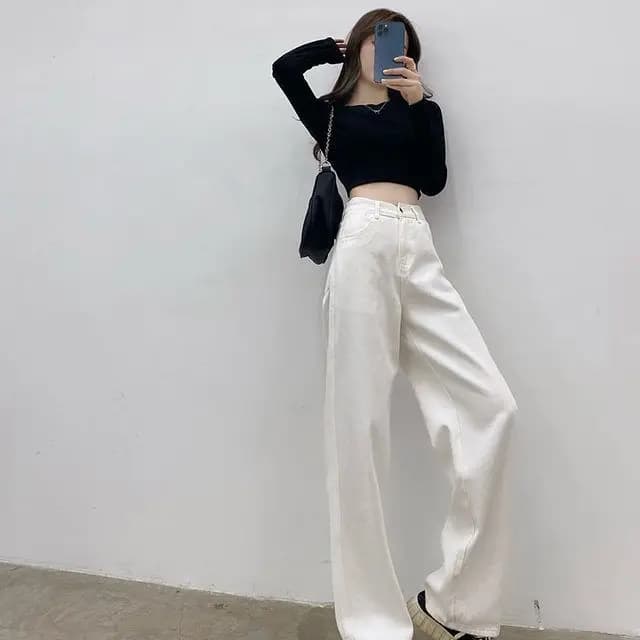 Jeans Bianchi a Vita Alta e Gamba Larga per Donna, Pantaloni Lunghi Extra con Taglio Dritto e Drappeggiato, Stile Casual in Cotone e Tessuto PU