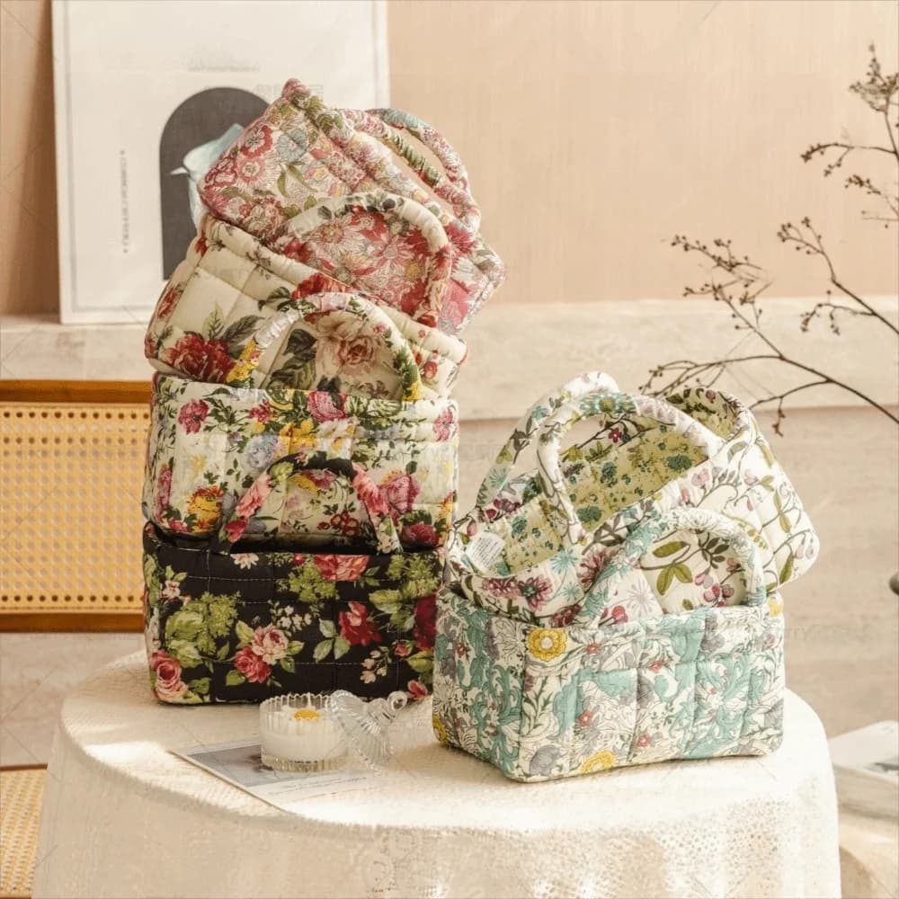 Floral Pattern Storage Basket Foldable Design Large Capacity Fabric Laundry Basket Cotton Material Comfortable Grip Shopper Bag