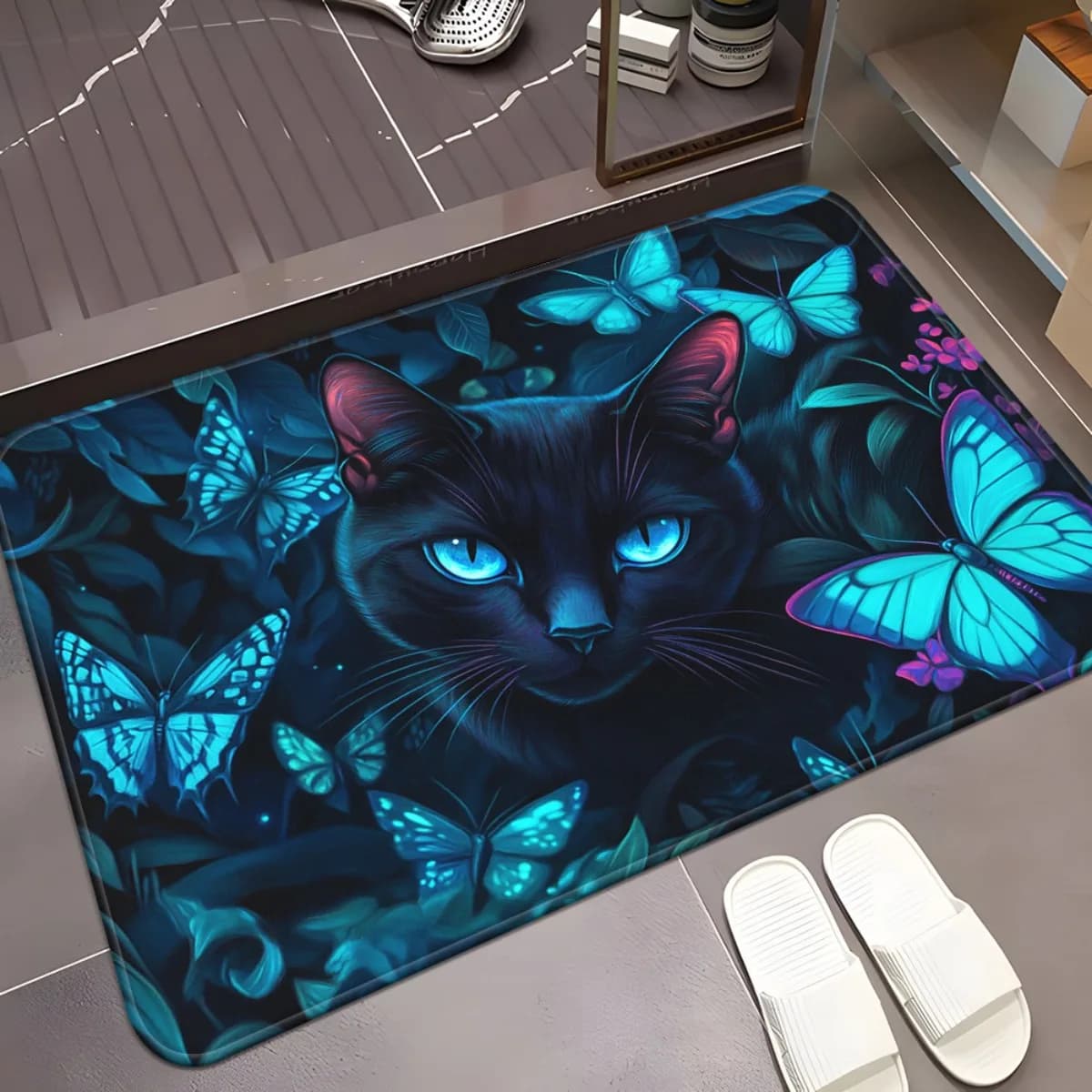 Mysterious Black Cat Doormat Glowing Blue Butterfly Art Rug Non-Slip Entryway Mat for Gothic Decor