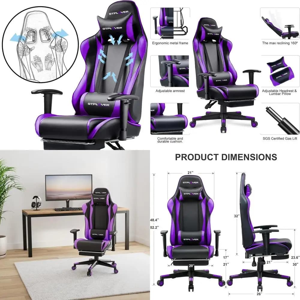 Sedia da Gaming Ergonomica Reclinabile Girevole con Regolazione dell'Altezza del Sedile e Supporto Lombare