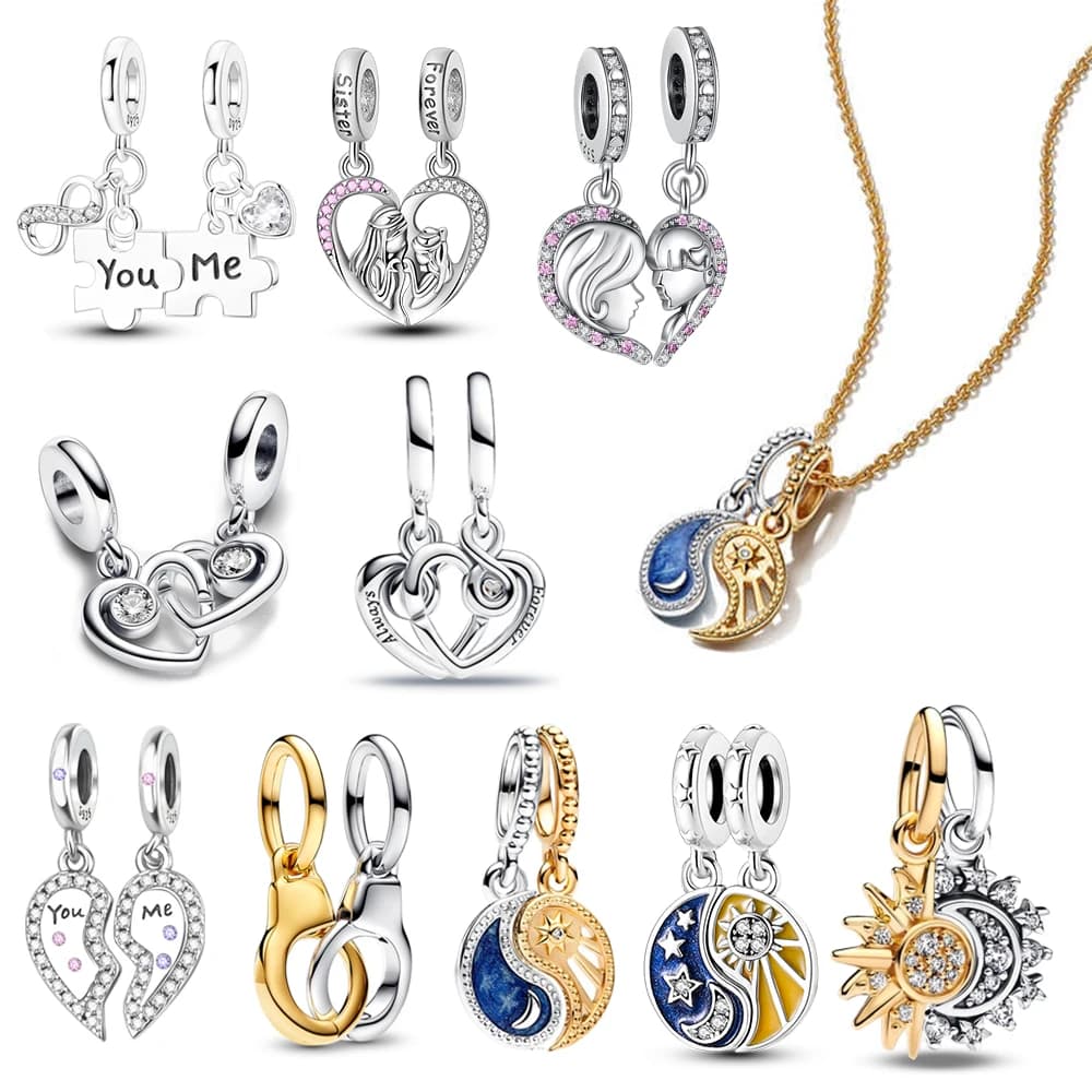 Doppio ciondolo in argento sterling 925 da cuore a cuore, sole, luna, puzzle, madre figlia, adatto per braccialetti fai da te, collane, regali