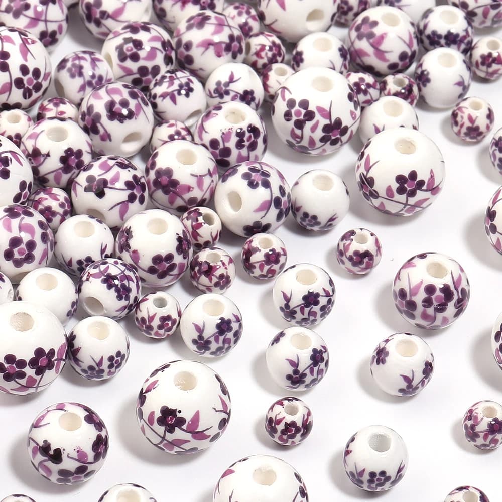 20-30pcs 6 8 10 12mm Jingdezhen Ceramic Beads Purple Flower Pattern Round Loose Beads For DIY Jewelry Making Necklace Bracelet